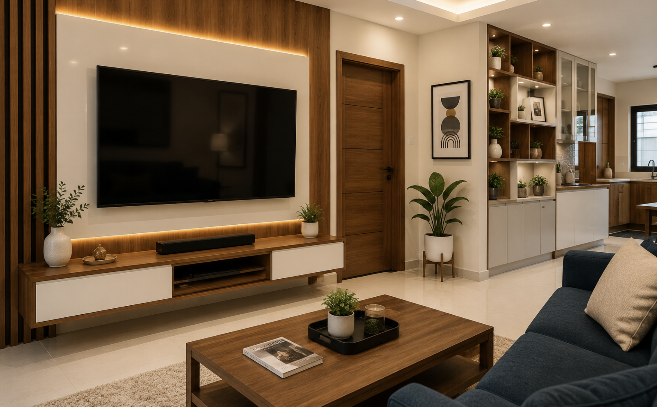 Modern wooden TV unit design with wall panel and ambient lighting in a stylish Ranchi living room